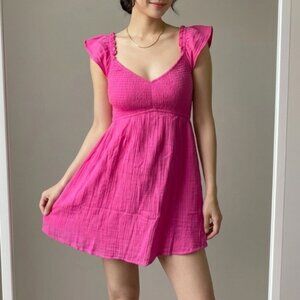 Hollister New Pink Smocked Flutter Sleeve Dress With Built In Shorts Size Large